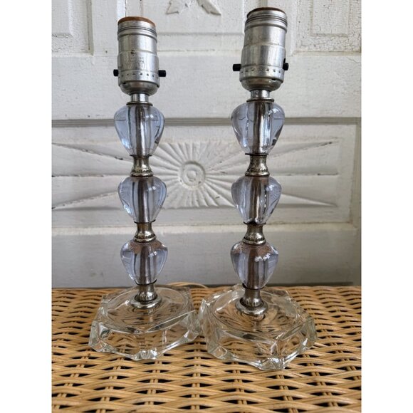 Vintage 60's Pair Small Table Lamps Purple Stacked Lucite Clear Glass - Picture 5 of 16